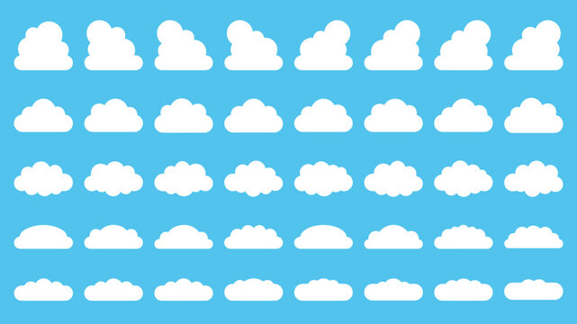 Set of White Cloud Icons in Different Shapes on Blue Background, Flat Style Vector Illustration