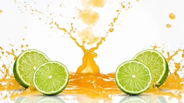Orange juice splash with fresh lime slices on white background