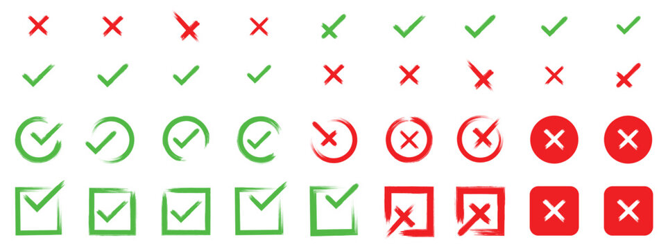 Grunge vector check mark and cross element. Grunge green check mark and red cross mark icon set. Grunge brush style check mark and cross icon set. Vector