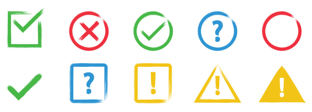Grunge vector check mark and cross element. Grunge green check mark and red cross mark icon set. Grunge brush style check mark and cross icon set. Vector