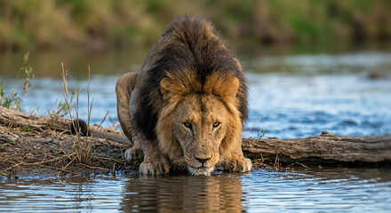 Majestic male African lion drinking water from a river while looking directly at the camera © Sanduni