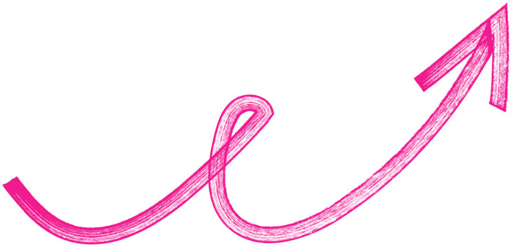A hand-drawn-style pink arrow. On a white background, featuring curved lines and a felt-tip pen-style arrow