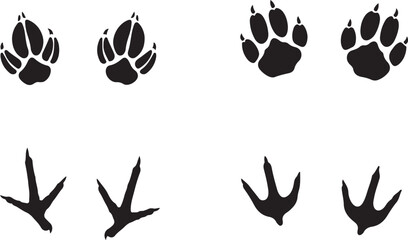 Fototapeta premium Animal footprints, paw prints, bird tracks, wildlife footmarks, black vector icons