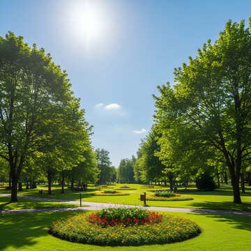 A vibrant park scene with lush greenery and a bright sunny sky perfect for relaxation.