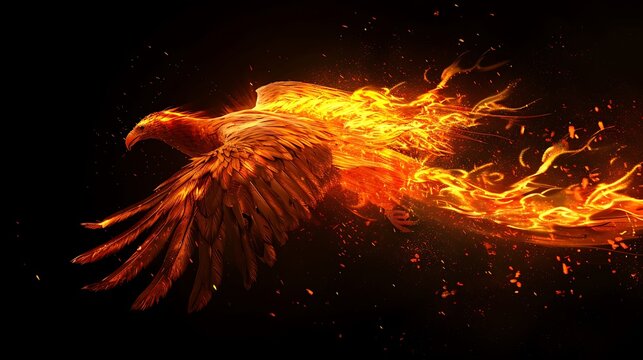 An eagle-like creature made of fire soars with wings outstretched against a dark void.
