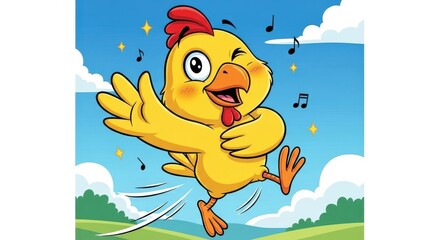 Fototapeta premium Cheerful Cartoon Chicken Dancing Happily in the Sunny Sky.