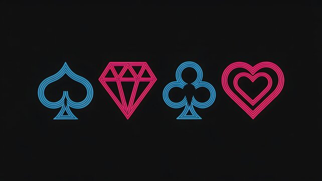 A stylized illustration of four playing card suits on a black background