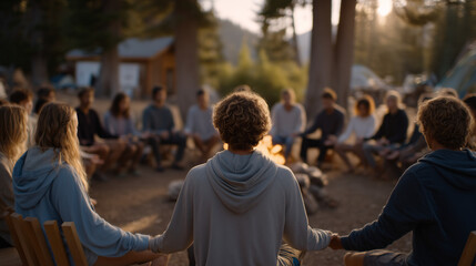 Fototapeta premium A mixed-age multicultural group seated in a circle on camp chairs around a morning fire, hands around mugs, meditation practice scheduled on a whiteboard propped on a tree, camp mindfulness morning 