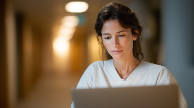 Mental health clinician reviewing AI generated screening report on laptop, flagged depression risk indicators, community health clinic hallway, after hours session, fluorescent corridor light, psych