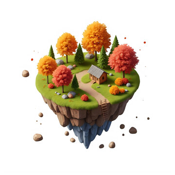 A whimsical floating island adorned with vibrant flowers and fruits in a surreal landscape.