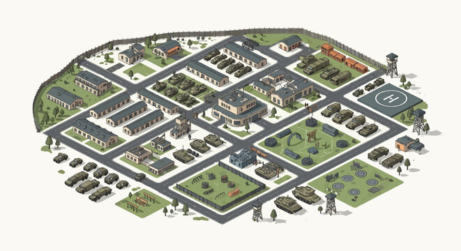 A detailed 3D isometric military base illustration depicts numerous buildings, vehicles, and defenses arranged in a structured layout, representing a fortified and organized military