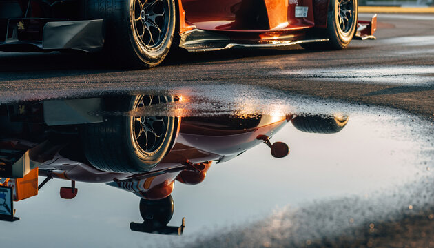 Race car reflected in a wet surface with a driver nearby.