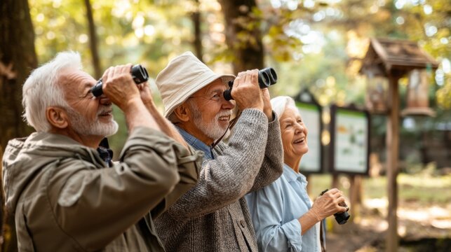 Three cheerful older adults enjoying birdwatching in a lush forest setting.