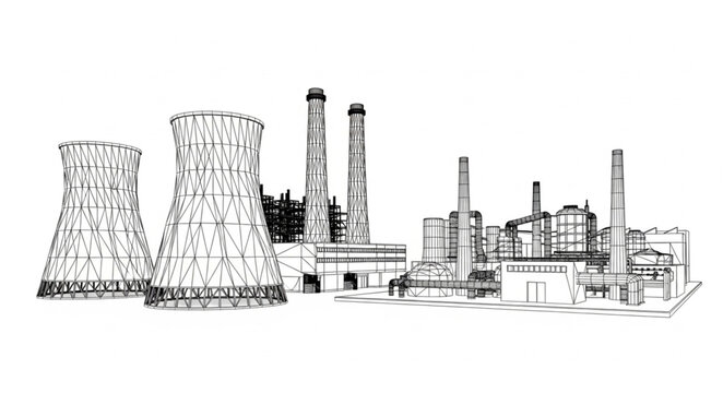 Industrial Power Plant with Cooling Towers and Chimneys Sketch.