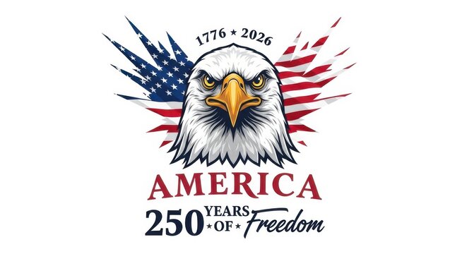 Patriotic American Bald Eagle Illustration Celebrating the 250th Anniversary Semiquincentennial of the United States 1776-2026 Years of Freedom Graphic Design.
