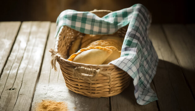 Homestyle Comfort: Freshly Baked Empanadas in a Shallow Basket