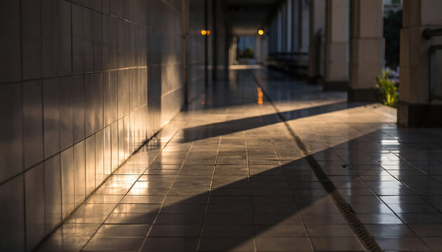 Sunlight reflects off tiled floor with shadows and a drain visible.