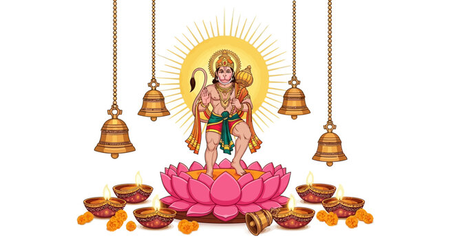 During the Hanuman Jayanti Festival, a vibrant illustration depicts Hanuman standing on a pink lotus flower with hanging golden bells and lit diyas against a clean white background
