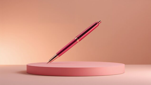 Red pen on pink platform desk.