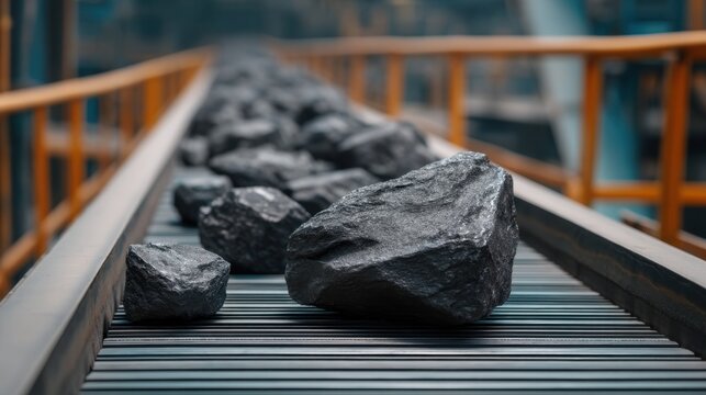 Rocky Path of Black Coal from Coal Mine with Conveyor System and Industrial Background
