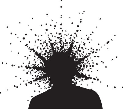 Black silhouette head exploding, particle burst, mental health concept, vector illustration