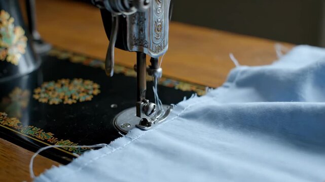 Close-up of a vintage sewing machine stitching light blue fabric