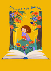Naklejka premium Cartoon Illustration with Little Girl and Cute Magical Fairy Tale Kingdom Story Book