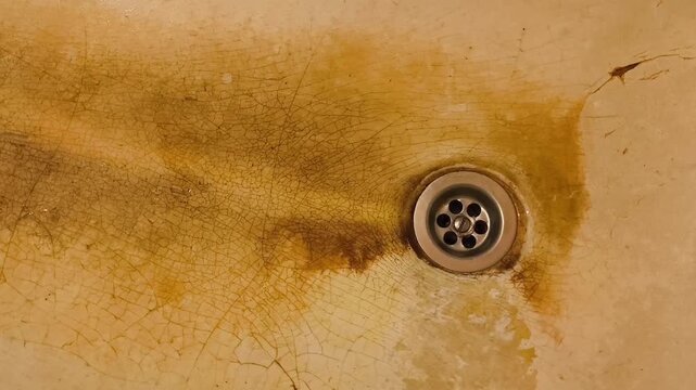 An old rusty bathtub with cracks and yellow spots. Vintage Cast Iron Bathtub