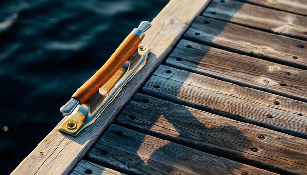 Wooden dock with shadow over water, close-up view.