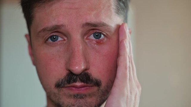 A man is shown studying his eyes and feeling discomfort due to an inflammation caused by Chalazion. He appears to be concerned while examining the areas around his eyes
