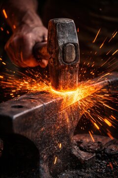 Blacksmith forging hot metal with hammer and sparks in workshop close-up