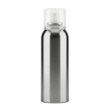Isolated brushed metal spray bottle with transparent cap for cosmetics, hairspray, deodorant packaging design, aluminum container, blank template