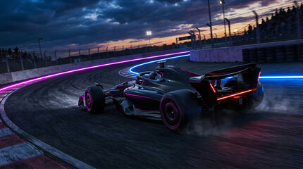 Fototapeta premium A rear view of a black Formula 1 car speeding along a night-time track