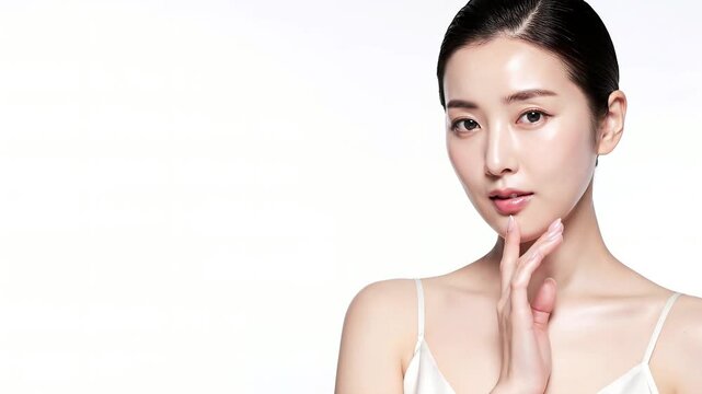 白背景で顔に手を添える若い日本人女性のスキンケアポートレート