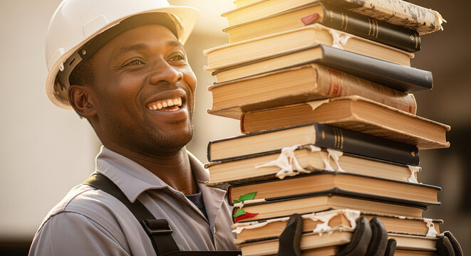Smiling black man carrying stack of books outdoors in sunlight  