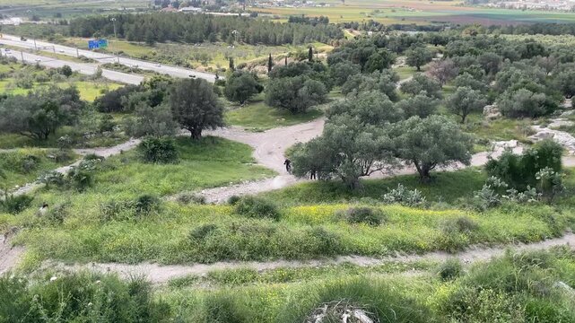Motocross rider on dirt path through green Ben Shemen valley with oak trees and highway in background, israel outdoor sport concept
