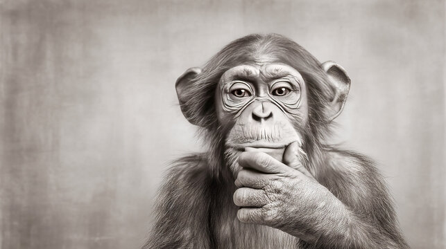Monkey with hand over mouth, black and white portrait