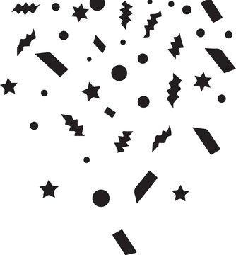 Black geometric shapes, stars, and confetti elements, vector set