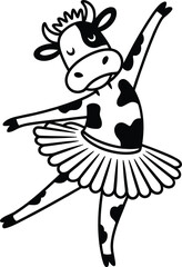 Black and white illustration of a cow dancing ballet in a tutu with ballet skirt livestock illustration graceful movement performance creature © msmdesign