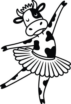 Black and white illustration of a cow dancing ballet in a tutu with ballet skirt livestock illustration graceful movement performance creature