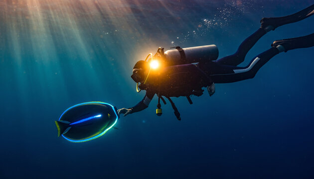 A scuba diver underwater holding a fish-shaped object with sunlight filtering through water.