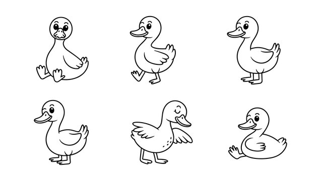 Adorable Duck Poses Line Art Set  Cute Cartoon Ducks Sitting, Walking and Standing Collection