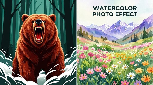 Fierce brown bear roaring aggressively in a dark stylized forest illustration