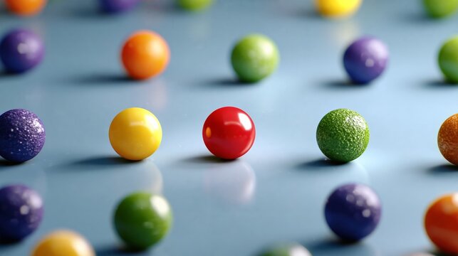 Colorful gumballs scattered on a blue surface. Bright red, yellow, green, and purple spheres. Some have glittery texture. Image shows playful, fun, joyful feeling. Great for themes like candy
