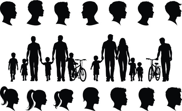 Black silhouettes of family groups walking with children and bicycles plus diverse profile head shots on a white background,