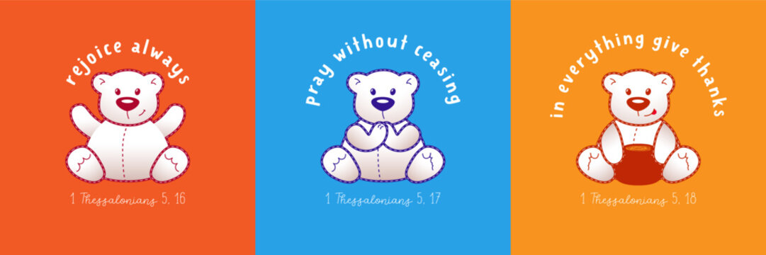 Artistic idea for motivational Bible verse. Social media carousel slider concept. Children's clothing design. Positive bear and creative typography.