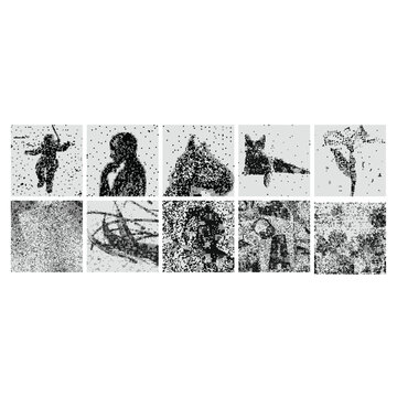 Experimental avant-garde grunge asset pack with a dirty flat aesthetic, showcasing diverse stylized distorted symbols and weathered decorative elements for bold digital marketing and graphic design.