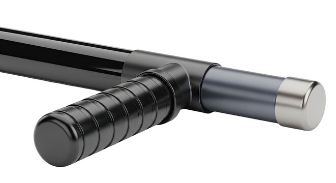 Close-up of a black baton with a textured grip and silver cap