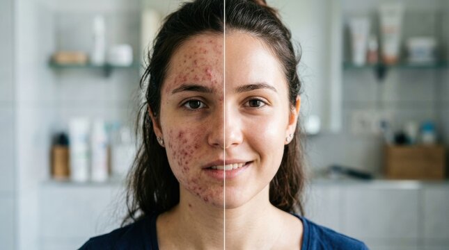 Split face comparison showing acne treatment results before and after clear skin