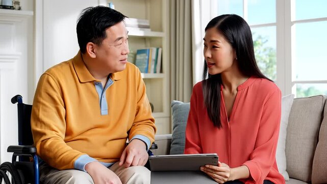 Man and woman engage with tablet at home. Bright room features large windows and comfortable seating. Concept of family bonding, technology education, and home interaction